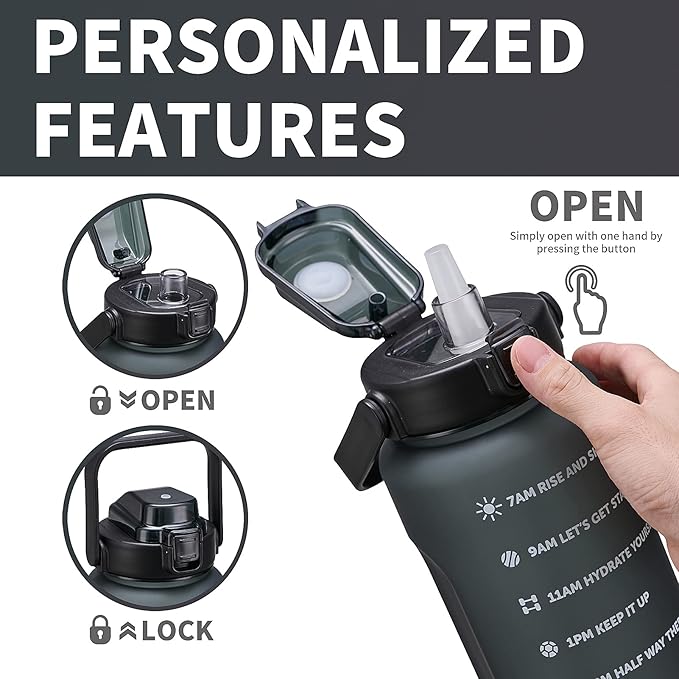 64oz,100oz,128oz Large Motivational Water Bottle with Time Marker, Leakproof & BPA Free Half Gallon Big Water Bottle with Straw Handle Tritan Frosted Water Jug for Gym,Fitness,Outdoor Sports