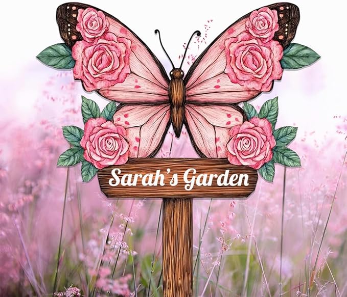 Personalized Butterfly Metal Sign with Stake,Custom Gardener Last Name Signs Outdoor Decorate,Customized Garden Accessories Decor for Mother's Day,Rose Flowers Plaques for Patio Lawn Porch Backyard