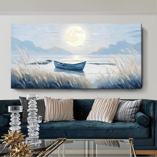 Oversized Large Living Room Wall Art, Blue Wall Decor for Bedroom, Modern Nautical Ocean Beach Seascape Nature Picture Sailboat Moon Lake Mountain Canvas Print Relaxing Serene Coastal Rustic Artwork
