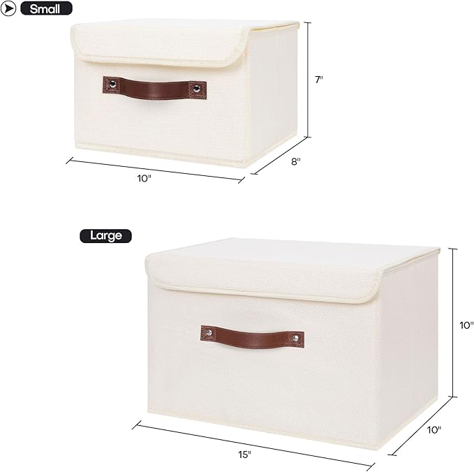 ANMINY 2PCS Storage Bins with Lid PU Leather Handles Storage Boxes PP Plastic Board Decorative Foldable Lidded Cotton Linen Fabric Home Cubes Baskets Closet Organizer Containers - Beige, Small Size