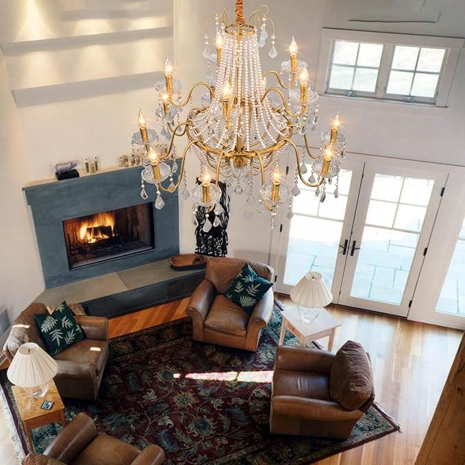 40" Large Brass Crystal Chandeliers,Gold Brushed Brass Chandelier for High Ceiling Living Room Dining Room Staircase Hallway Entryway Foyer(15-Light, Bulb Included)
