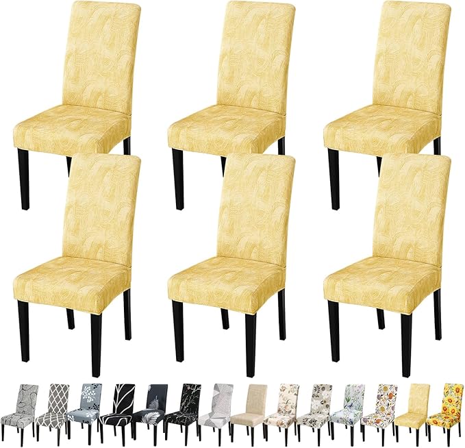 JQinHome Pattern Chair Covers for Dining Room Set of 6, High Stretch Removable Washable Parsons Chair Slipcover for Home Party Hotel Wedding Ceremony (Quicksand Beige,6PCS)