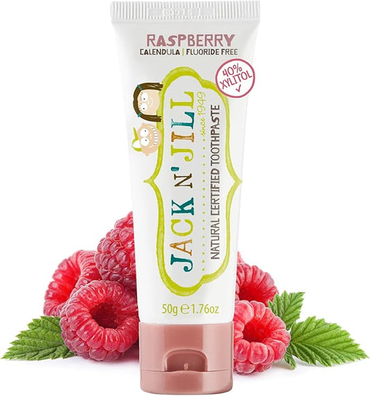 Jack N' Jill Natural Toothpaste for Baby and Infants - Fluoride Free Training Toothpaste, 40% Xylitol, BPA Free - Raspberry, 1.76 oz (Pack of 1)