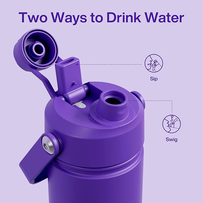 Insulated Water Bottle with Straw Stainless Steel Water Bottle, Leak-Proof, BPA-Free, Double Wall Vacuum Keeps Cold for 24 Hours for Sports, Travel, School (18 oz, Violet)