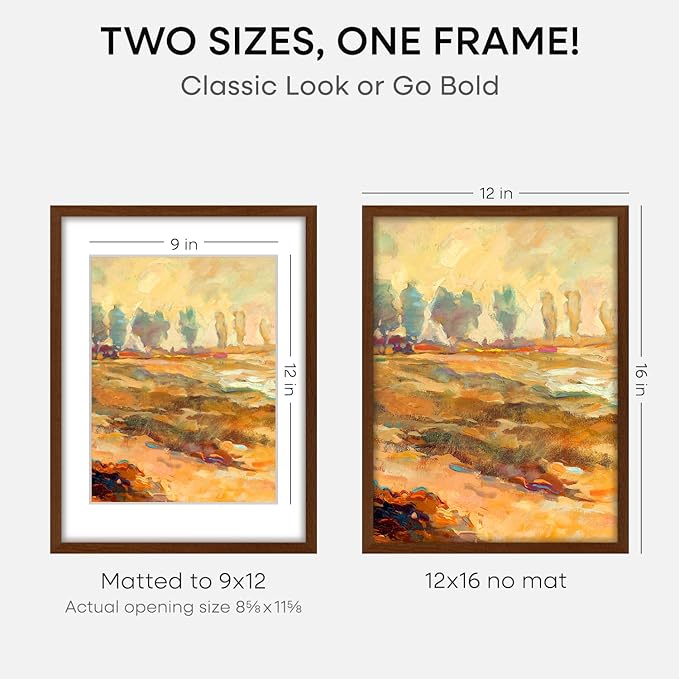 Homeforia 12x16 Picture Frame Brown, High End Dark Oak 12x16 Walnut Wood Poster Frame with Mat 9x12 Print, 12 x 16 Wooden Frame Matted to 9 x 12 Photo, 16x12 Frames, Tempered Glass, Wall Kit, Set of 1