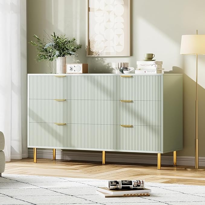 GAOMON 6 Drawer Dresser, Wood Chest of Drawers Organizer Storage with Gold Handle, Large Storage Cabinet, Modern Design Dresser for Bedroom, Living Room, Closet, Hallway, Entryway, Green