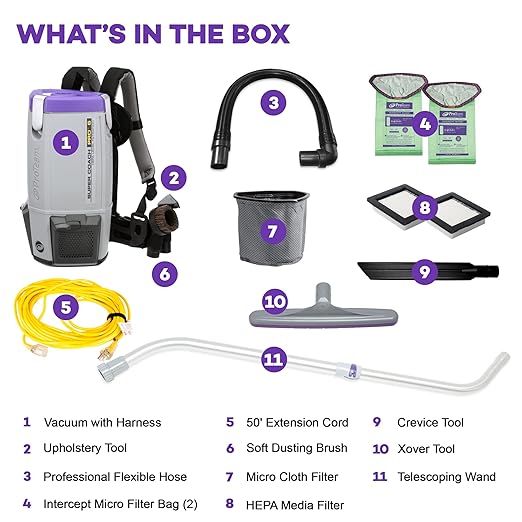ProTeam Super Coach Pro 6 Backpack Vacuum Commercial with Telescoping Wand Tool Kit, 6 Quart, Corded, 107310