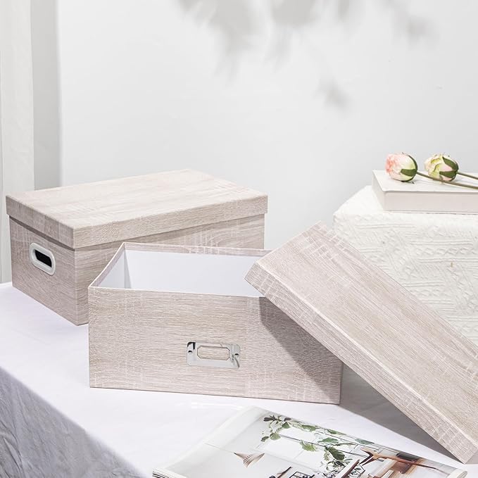 Briful Set of 2 Rustic Wood Grain Storage Boxes with Lids – Stackable Rectangular Organizer Bins, 14'' + 13'' Set Decorative Storage Containers for Bedroom, Living Room, Gifts
