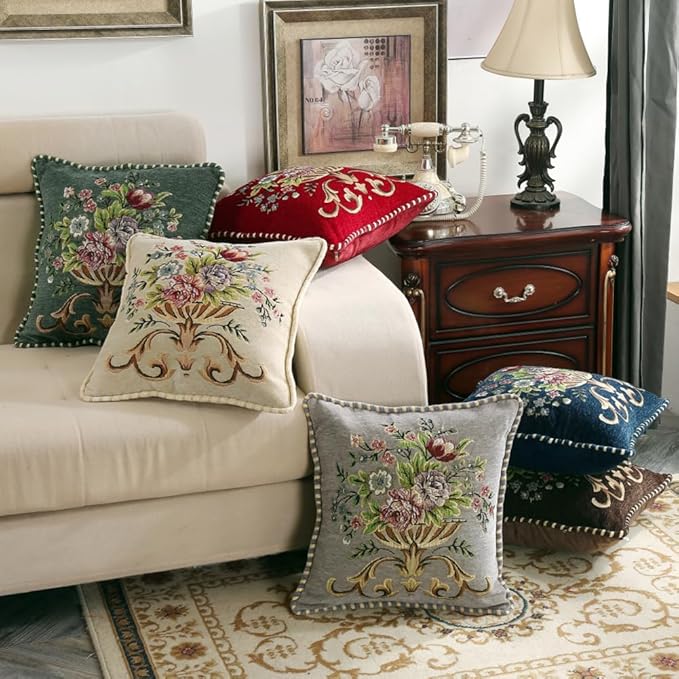 Set of 2 Blue Vintage Embroidered Throw Pillows Covers 18x18in，Vintage Decorations Floral Embroidered Cushion Cover for Sofa Couch Bed Chairs Car