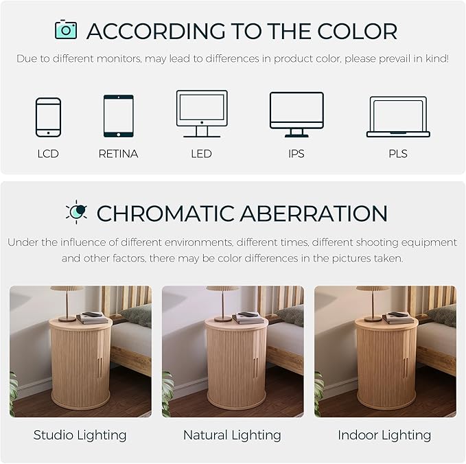LINSY HOME Round Fluted End Table, Tall Side Table with Sliding Tambour Door and Storage Shelf, Modern Bedside Table, Mid-Century Nightstand for Living Room, Bedroom, Oak