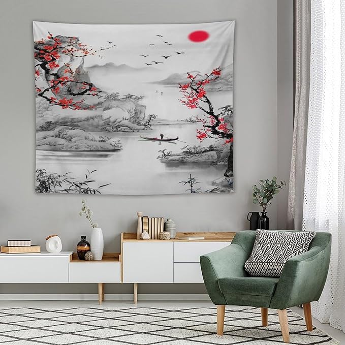 Cherry Blossoms Tapestry,Japanese Red Landscape Watercolor Abstract Art Tapestry,Asian Japanese Wall Tapestry, Nature Landscape Tapestries for Bedroom Living Room Decor 60"x50"