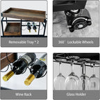 Bar Cart Industrial Kitchen Serving Carts for Home 3 Tier Storage Trolley with Wine Rack Glasses Holder Two Portable Trays Universal Casters with Brakes Rustic Rolling Cart Alcoholic Beverage