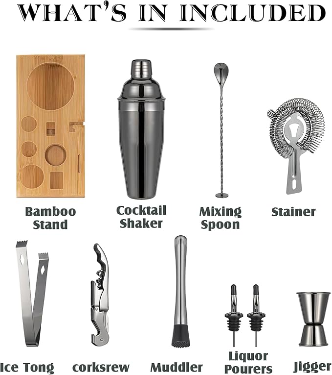Cocktail Shaker Set, Mixology Bartender Kit 10-Piece Bar Tool Set with Stylish Bamboo Stand, Bar kit: Matini Shaker Mixing Spoon Muddler Jigger Cocksrew for Barware Set | Black