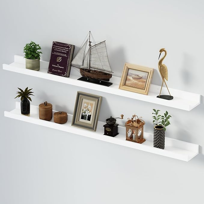 SAUMONIERES Picture Ledge Shelf Floating Book Shelves Set of 2 Wall Mounted Solid Wood for Bedroom Bathroom Living Room Kitchen, 48 Inch White