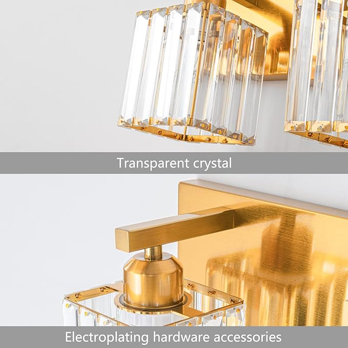 Modern Bathroom Vanity Light 2-Lights Gold Crystal Bathroom Wall Light Vanity Light Fixtures，12.59-inch Modern Minimalist Design