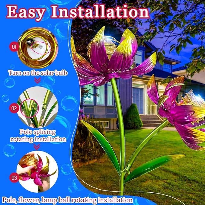 Solar Wind Spinner Outdoor, 63 Inch Metal Wind Spinner Yard Art with Lights - Twin Flower Design Pinwheels for Yard and Garden Decor, Solar Garden Decor