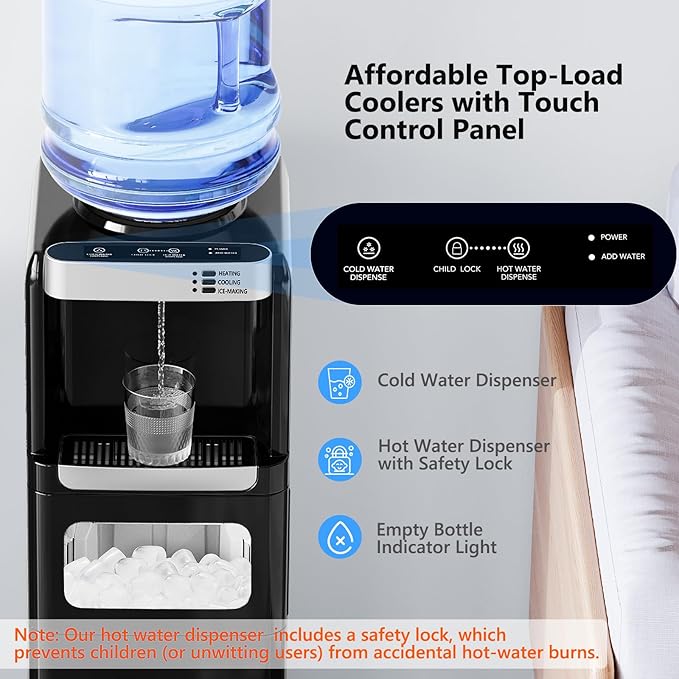 Water Dispenser with Ice Maker Function, Top Loading Hot and Cold Water Cooler for 5 Gallon Bottle - Includes Child Safety Lock - Water Machine for Home, Office, Garage - Black