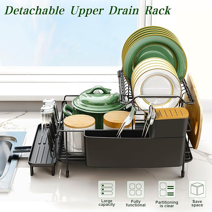 Runnatal Large Dish Drying Rack with Drainboard Set, Stainless Steel Detachable 2-in-1 Large-Capacity 2-Tier Over The Sink Anti-Rust Dish Rack and Dish Drainer for Kitchen Counter