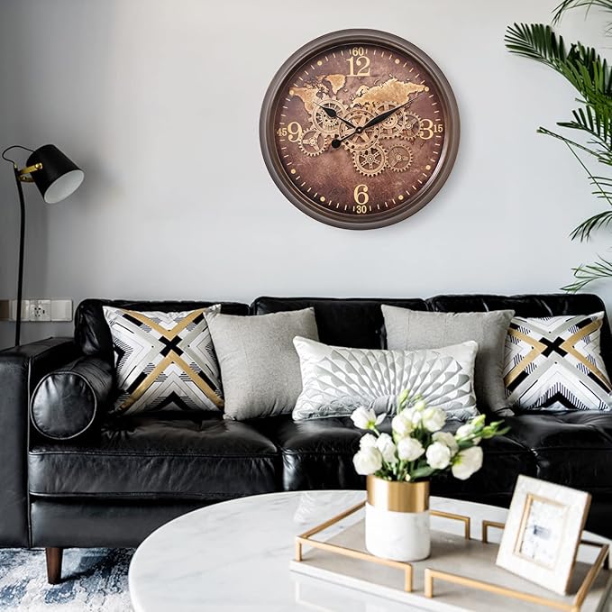 CLXEAST 24 Inch Large Wall Clock with Moving Gears, Industrial Clocks with World Map Dial, Oversized Cool Wall Clock for Living Room Decor,Oil Rubbed Bronze Brown