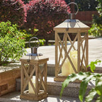 Glitzhome Mondern Farmhouse Wood Metal Lanterns Decorative Hanging Candle Lanterns Set of 2, Natural (No Glass)