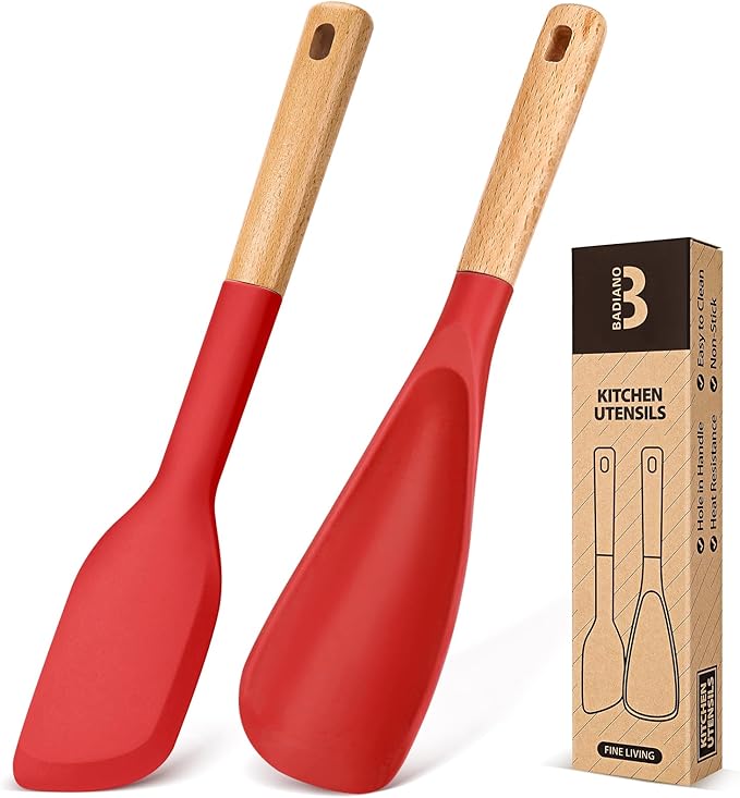 Cooking Spoon and Scraper for Nonstick Cookwares, Great for Cooking and Serving Durable BPA-Free Matte Silicone, Wood Handle Multifunction Spoon for Mixing, Scoop, and Scrape (RED)