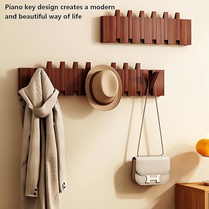 Wall Mounted Piano Key Hanger | Flip Style Hook | Entrance Wall Art Hook, Made of Oak Wood (3 Times Painted, 4 Times Polished) (Walnut-Beech, 10Hooks)