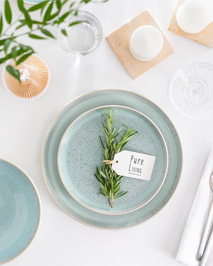 24 Piece Dinnerware Sets for 8 - Modern Style Stoneware Dinnerware Set - Microwave Safe Dinner Plates and Bowls Sets for 8, Ceramic Dish Set, Bowl and Plate Sets for 8, Beige Light Blue Set for 8…