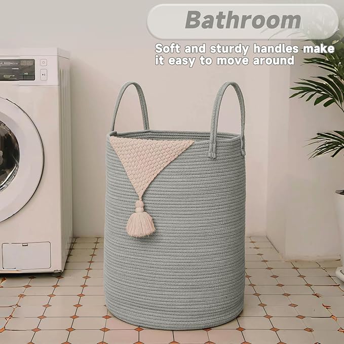 Large Woven Laundry Basket Hamper,60L Cotton Rope Storage Bin for Blankets,Toys and Clothes,Decorative Tall Nursery Hamper for Living Room,Baby Nursery,Bathroom and Bedroom,Grey