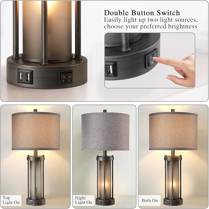 Set of 2 Rustic Table Lamps for Living Room with 2 USB Ports, Vintage Bedside Lamps with Gray Frosted Glass Night Light for Bedroom Desk Lamps for Entryway, 4 Bulbs Included