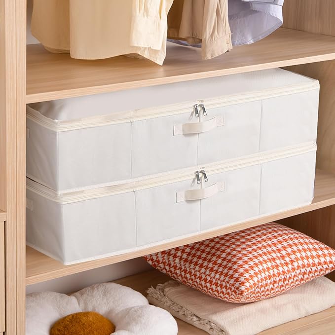 Underbed Storage Box, Clothes Organizer With Sturdy Structure and Reinforced Handles for Blanket, Sheets, Pillows, Towels, Shoes, Beige, 2 Pack, 31.5 x 15.7 x 5.9 Inch