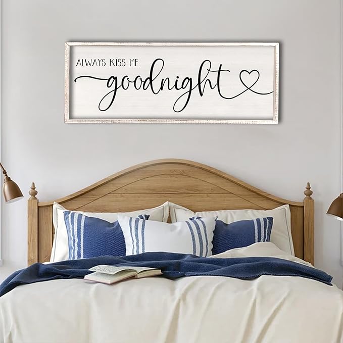 flowtorely Always Kiss Me Goodnight Wall Sign For Master Bedroom Above Bed Wall Decor 40''×15'' Large Rustic Solid Wood Frame For Farmhouse Couples Above bed Wall Art Decoration (White)