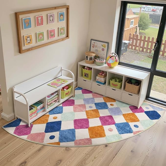 jinchan Kids Rug for Nursery 6ft Radius Corner Washable Area Rug Modern Colorful Quarter Circle Rug Soft Non-Slip Carpet for Bedroom Playroom Daycare Reading Nook Kitchen Classroom Berries on Cream
