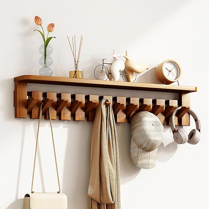 Wall Mounted Piano Key Hanger | Flip Style Hook | Entrance Wall Art Hook, Made of Oak Wood (3 Times Painted, 4 Times Polished) (Tray Walnut, 4Hooks)