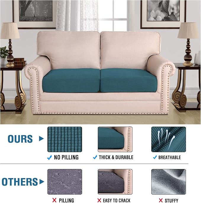 H.VERSAILTEX Super Stretch Individual Seat Cushion Covers Sofa Covers Couch Cushion Covers Slipcover Sets Thick Jacquard Textured Twill Fabric (2 Piece Medium Sofa Cushion Covers, Deep Teal)