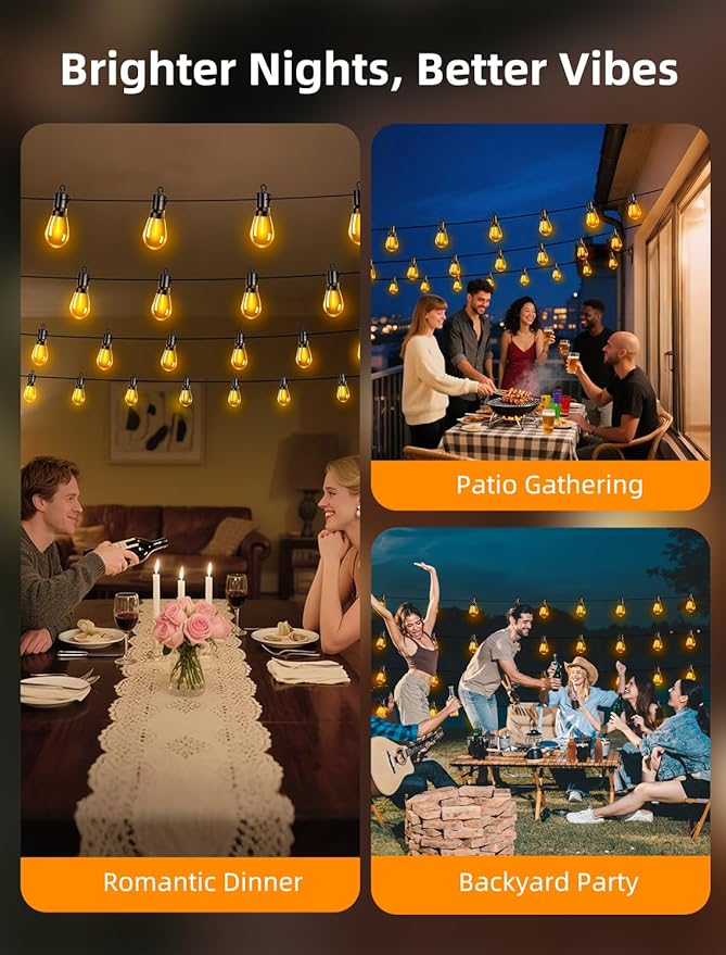 Outdoor Patio String Lights: S14 Shatterproof Bulb Outside Waterproof Light - 50Ft 15M Remote Dimmable Connectable Hanging Outdoor Electric Lighting - Garden Backyard Yard Gazebo Porch Party