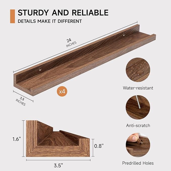 Picture Ledge Shelf for Wall, Floating Shelves Set of 4, 24 Inch Long Nursery Book Shelves for Toys Storage, Kids Bookshelf Wall Mounted for Books Photo Frames, Walnut