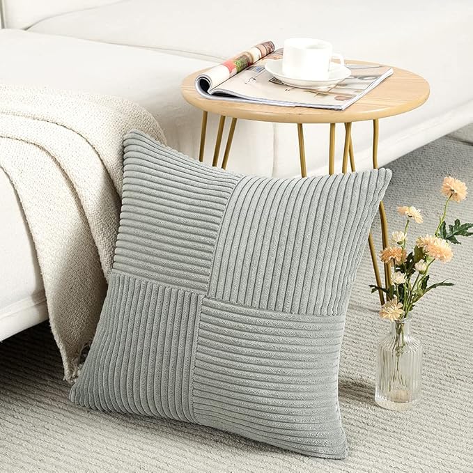 Fancy Homi 2 Packs Grey Decorative Throw Pillow Covers 16x16 Inch for Living Room Couch Bed Sofa, Rustic Farmhouse Boho Home Decor, Soft Corss Patchwork Corduroy Textured Square Cushion Case 40x40 cm