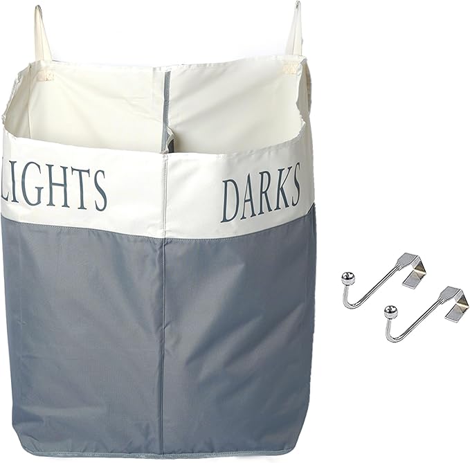 The Fine Living Co. X-Large Two Compartments Hanging Laundry Hamper with Over Door Hooks, Durable Space Saving Laundry Bag Storage with Bottom Zipper, Wide Open Top Dark/Light Compartment(25"x10"x31")