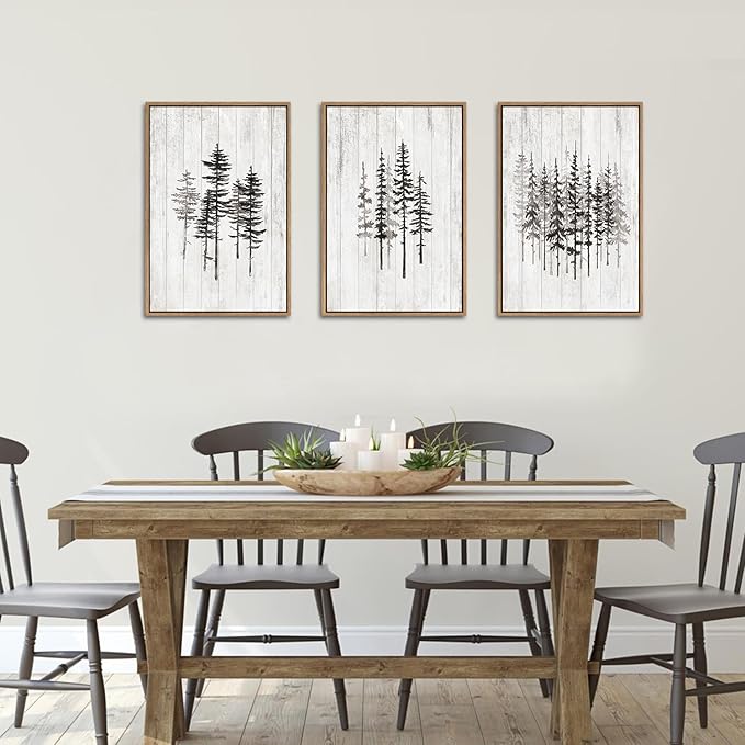 HPINUB Woodcut Style Pine Tree Framed Canvas Wall Art Set, Minimalist Modern Black and White Forest Wall Decor, Rustic Minimalist Canvas Painting for Living Room,Bedroom,Office Decor-16 x24 x3