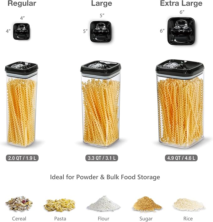 Felli Flip Tite Storage Container with Lid 6" XL Air Tight Ring Lock Top, Clear Acrylic Canister Set for Kitchen, Pet Cat Dog Food Treats, 5 lb Flour Sugar Pantry Organizer (Nest-L, Black)