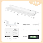 Fun Memories Picture Ledge Shelf for Wall, 24 inch Pine Wood Nursery Book Shelves Set of 2- Wall Book Shelves for Kids Room, Home Decor - Kitchen Spice-White
