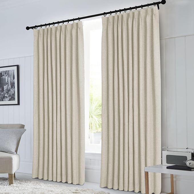 Macochico 100”Wx102”L 100% Blackout Pinch Pleated Linen Curtains for Sliding Door Bedroom Living Room Farmhouse Thermal Insulated Ivory White Burlap Drapes with Tieback 1 Panel Shabby Chic Style