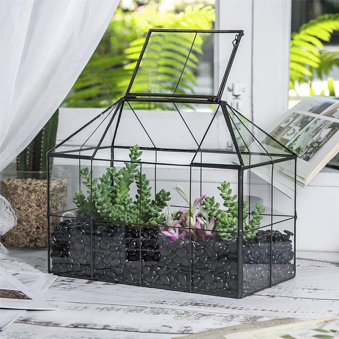 NCYP Glass Terrarium Planter with Lid for Small Succulent Cacti, Grid House Shape Black Geometric Terrarium Pot, Home Garden Indoor Tabletop Decor, 9.84" x 5.31" x 7.87" (No Plants)
