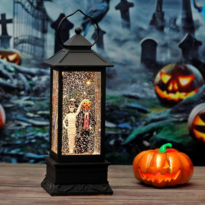 Halloween Snow Globes, Skull and Black Cat Scene Snow Globes, Glittering Lantern with Timer, Snow Globe Lantern USB or Battery Powered for Halloween Decor
