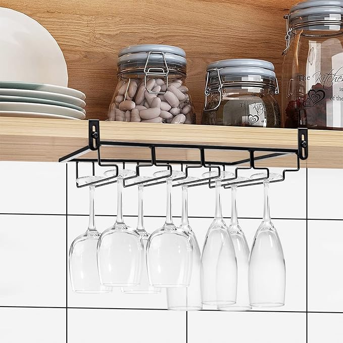 AUHOKY 2Pcs Adjustable Under Cabinet Stemware Metal Glass Holder, Hanging Wine Glass Storage Hanger Organizer for Shelf Kitchen Bar Decor(4 Rows, Black)