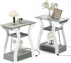 End Tables Living Room Set of 2,Grey End Table with Charging Station,Grey Side Table, Nightstand for Bedroom, 3 Tier End Table with Storage Shelf for Living Room