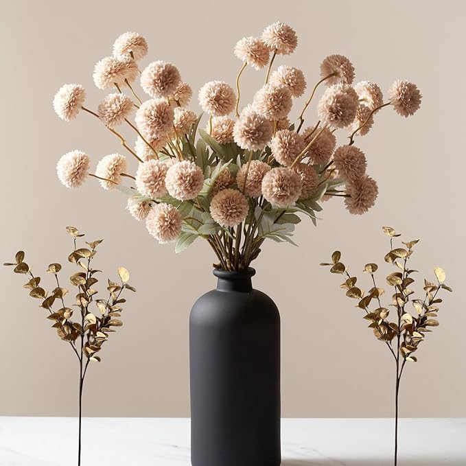 Beige Fake Flowers Silk 10 Stems With Eucalyptus, Faux Flowers For Vase, Artificial Mums Long Stem, Mini Faux Mums Flower Bulk, Tan Nude Cream Neutral Floral, Chrysanthemum Pom Pom Floral Arrangements