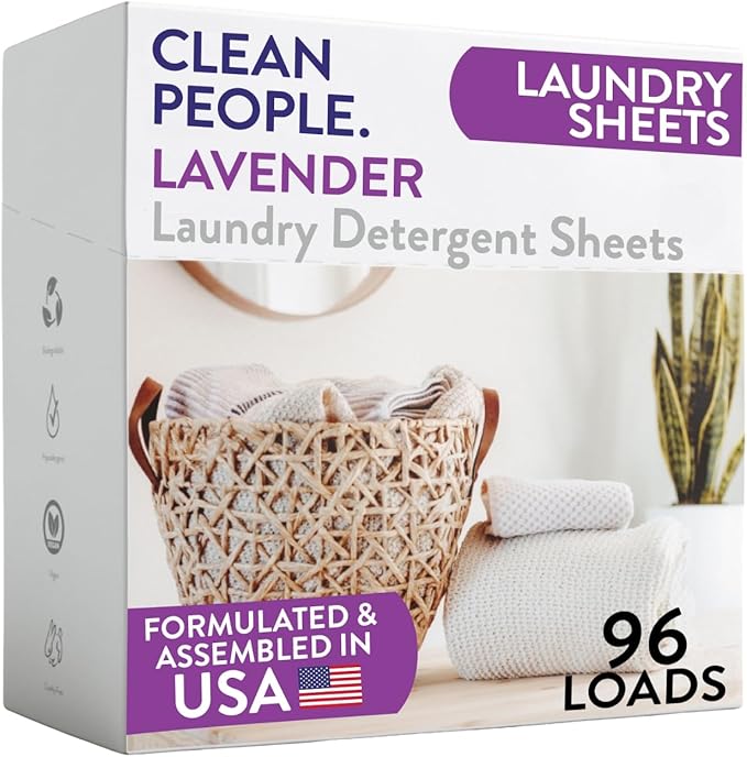 The Clean People Lavender Laundry Detergent Sheets - Laundry Soap - Ultra Concentrated, Recyclable Packaging, Stain Fighting - Lavender, 96 Pack