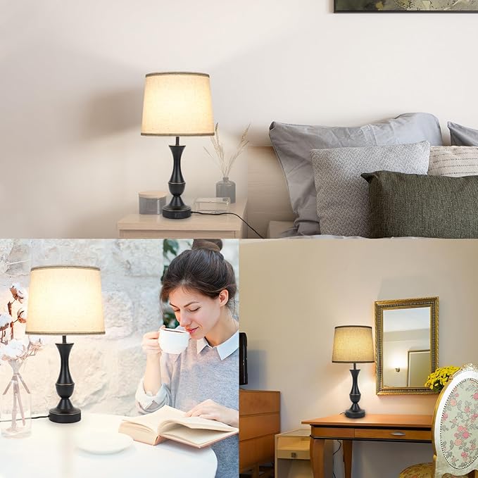 Touch Lamps for Bedrooms Set of 2, Farmhouse Table Lamp with USB C Charging Port, 3 Way Dimmable Nightstand Lamps with Linen Fabric Lampshade for Bedroom, Living Room (Pack2-Black)