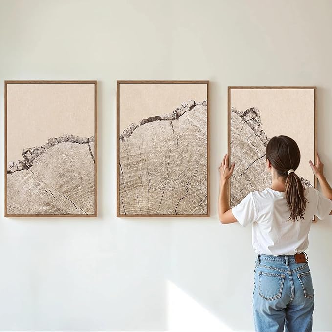 SIGNINART Large Tree Ring Framed Canvas Wall Art Set, Rustic Beige Nature Wooden Wall Decor, Neutral Wood Stump Artwork, Modern Art Prints for Bedroom Living Room Office 16"x24"x3